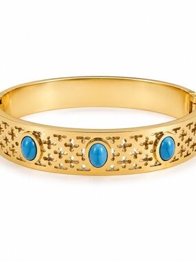 Gold Tone Bangle Bracelet with Turquoise Cabochons